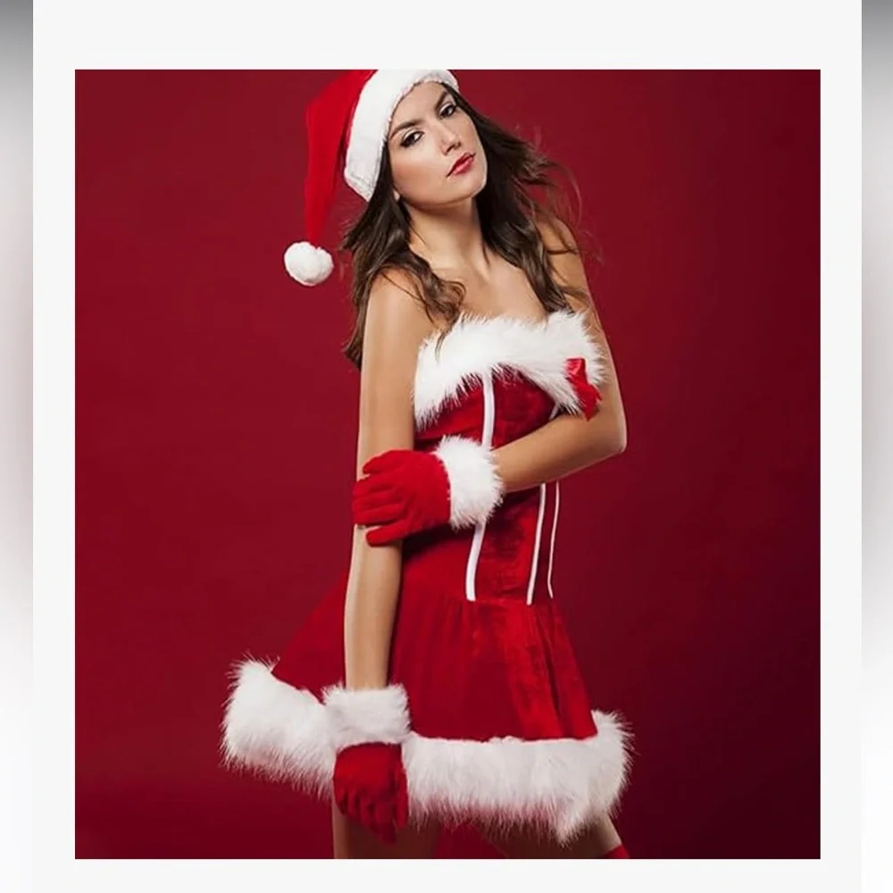 🆕 Red Fur Velvet Gloves Santa Hat for Women